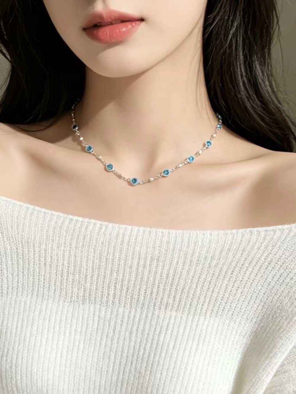 Silver-Tone Choker Necklace with Blue Crystal Station Beads Description: